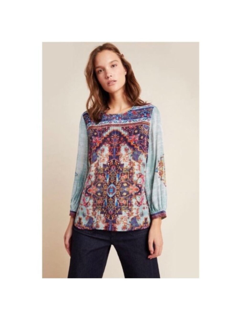 Vineet Bahl Anthropologie Women's Blouse S Prudence Blue Viscose Aztec Bohemian